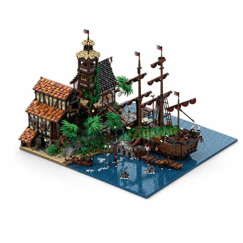 14428Parts Medieval Pirate Harbor Town Diorama Building Model Custom Building Blocks Assembly Toy Collection Decor Holiday Gifts
