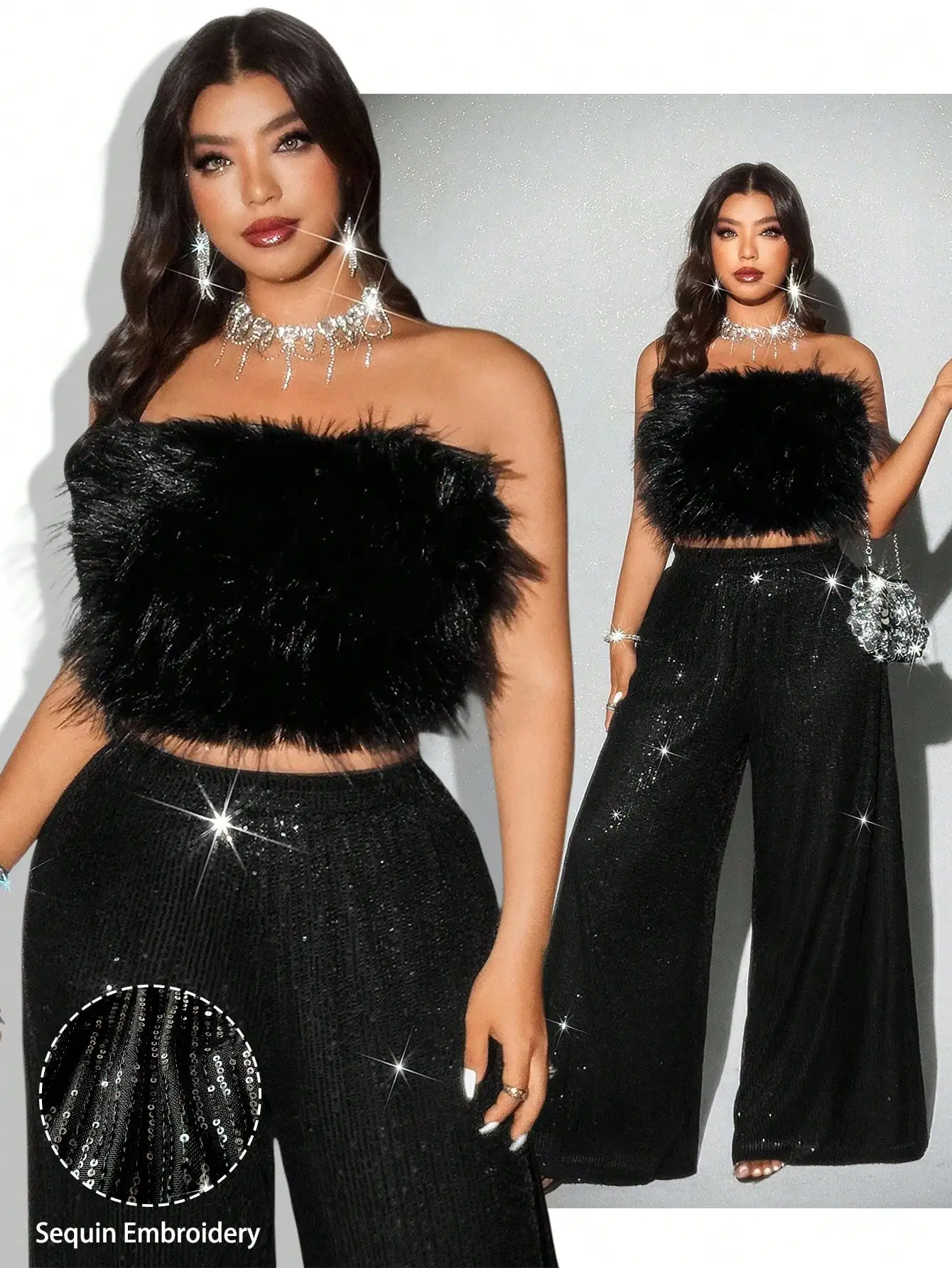 

Комплект для вечеринок больших размеров из 2 предметов: топ-бандо с перьями и широкие брюки с пайетками для выхода в свет