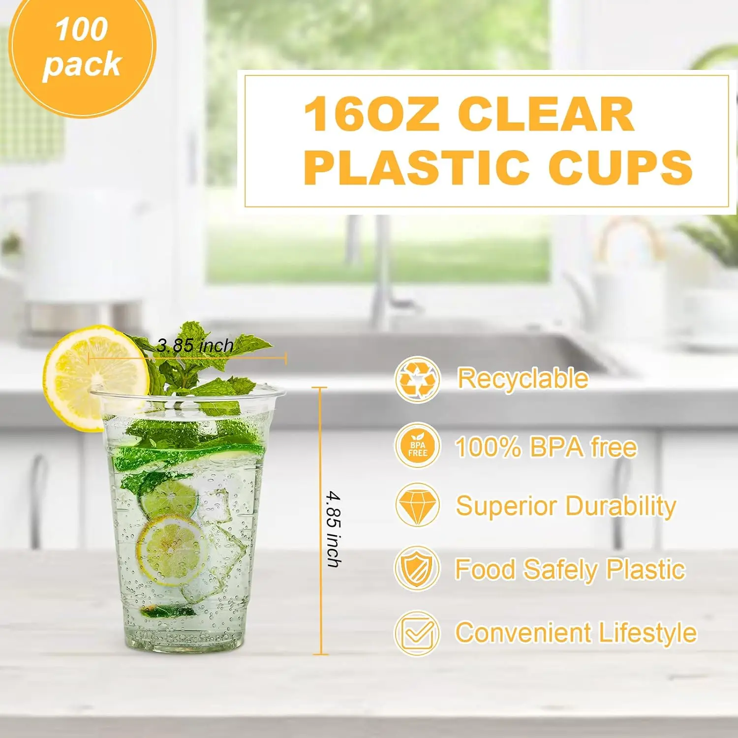 100 Count - 16 Ounce Plastic Cups, Ice Coffee Cups To Go - Crystal Clear PET Party Cups