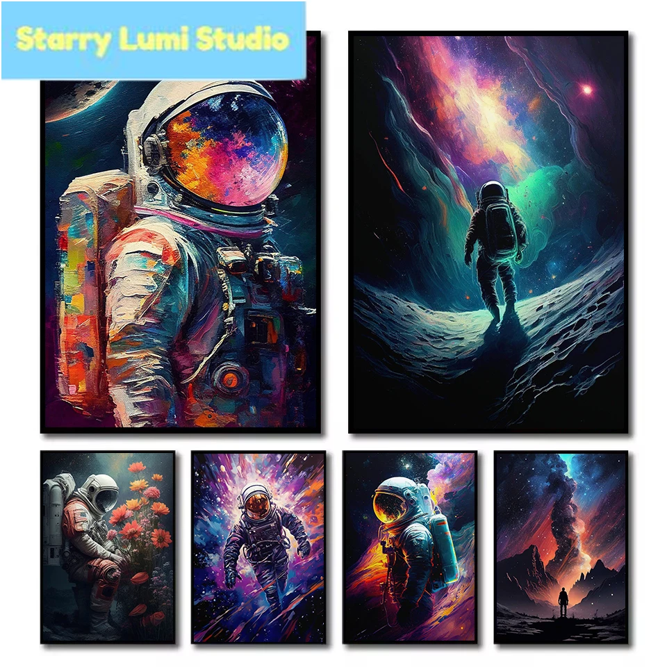Sci-fi Retro Astronaut Colourful Spaceman and Flowers Solar System Planet Poster Diamond Painting Wall Art Pictures Home Decor