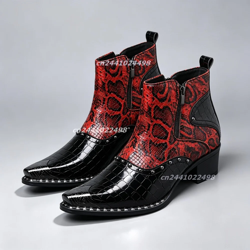 Men Patchwork Snake and Crocodile Embossed Ankle Dress Boots Pointed Toe Metal Toe Cap, Rivet Trim Shoe Side Zip Fashion Boots