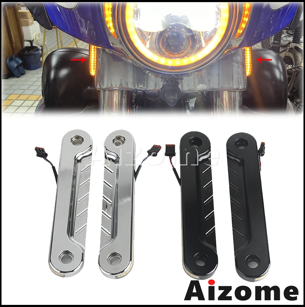 Motorcycle LED Billet Flush Fork Turn Signal Light Indicator For Harley Touring Electra Glide Road King Tri Street Glide 2014-24