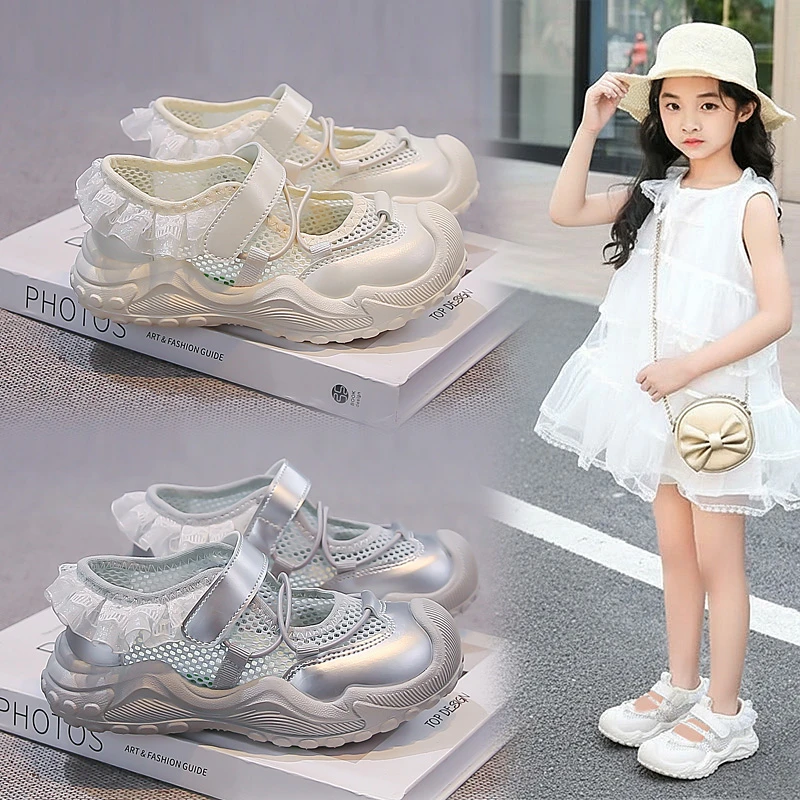 Girls Ruffle Mesh Sandals Kids Summer Princess Shoes Soft Sole Casual Beach Sandals for Children Outdoor Anti Slip Flats Shoes