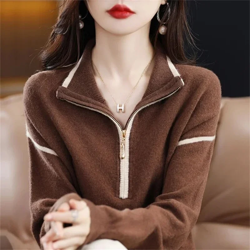 Spring Autumn Top-grade Fashion Lapel Sweater Female Joker Half-high Zipper Loose Pullovers Sweater Jumper Bottoming Women Top