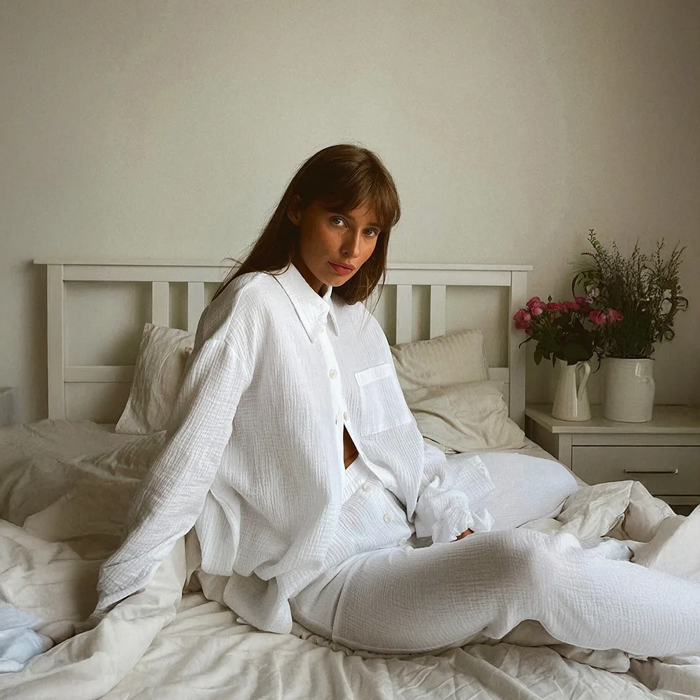 TWOTWINSTYLE White Textured Two Piece Set for Women Lapel Oversized Shirt High Wasit Wide Leg Pant Suit for Brunch Coffee Dates