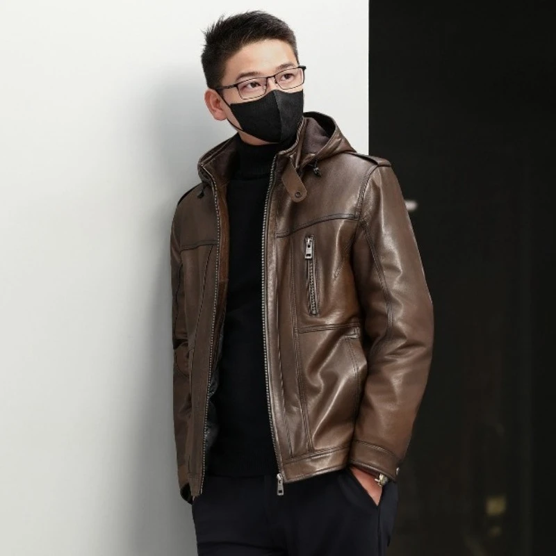 AYUNSUE Men Top Layer Sheepskin Genuine Leather Jacket Hooded Casual 100% Real Leather CoatDown Filled Winter Warm Puffer Coats