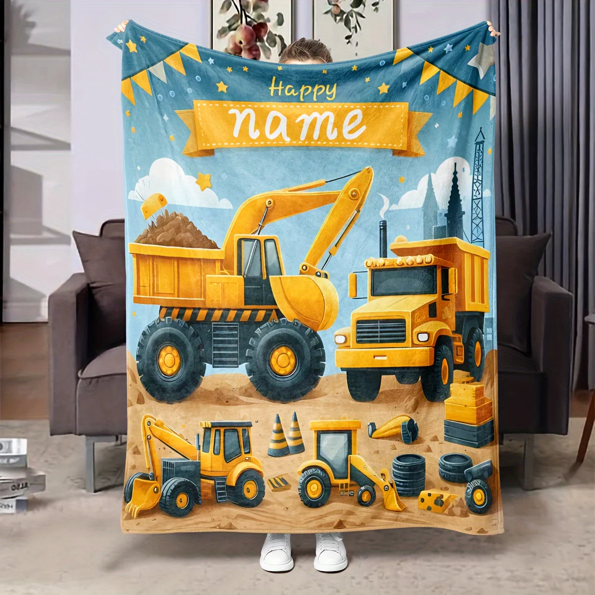 1 Stück individuell bedruckte Flanelldecke mit Cartoon-Baufahrzeug-Motiv, personalisiert, weich und warm, digital bedruckt