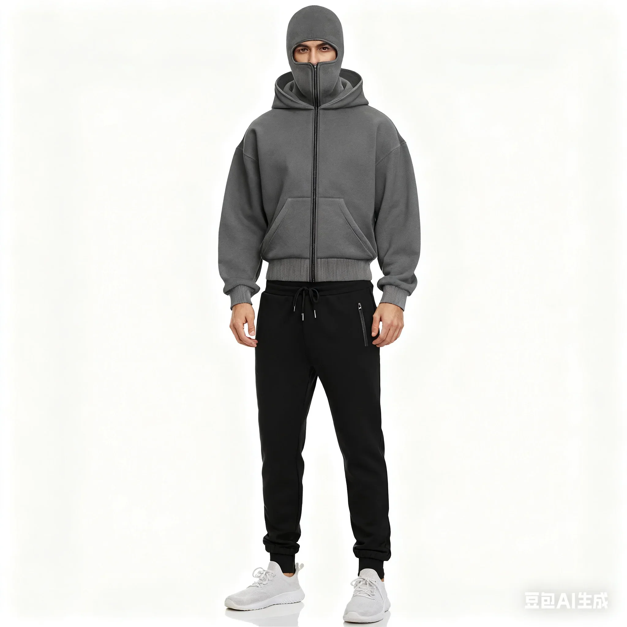 

2025 Autumn/Winter New Men Double Hat with Face Mask Zipper Pocket Sports Set Solid Color Hoodie+Side Zipper Pants Two Piece Set
