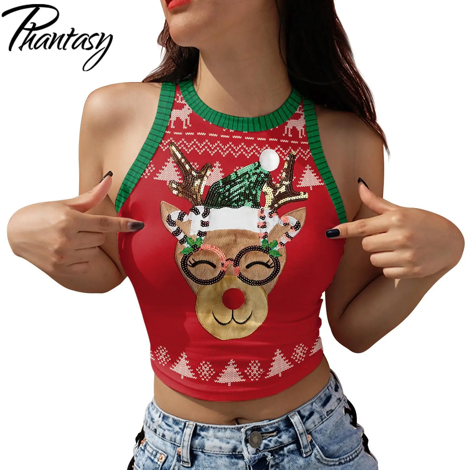 Phantasy Christmas Tops Women Vest Deer Pattern Sleeveless Tees Skinny Tank Y2K Outfit O Neck 3D Printing Female Clothing