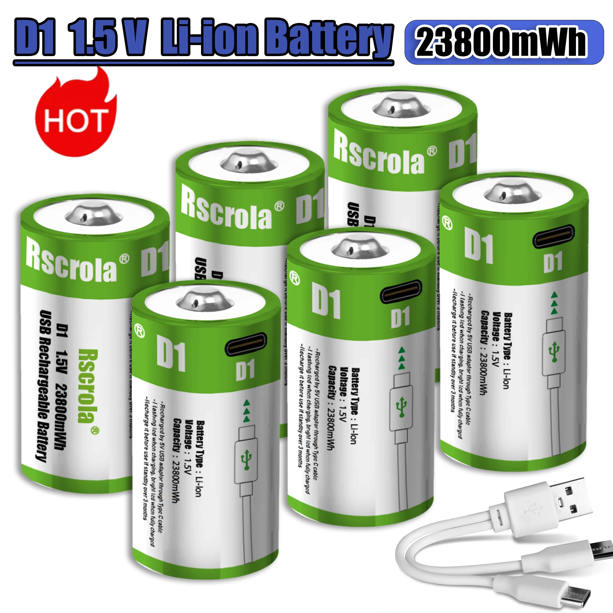 

1.5V 23800mWh USB Rechargeable D Size Battery LR20 D Cell Lithium Battery for Gas Cooker Water Heater Flashlight Radios
