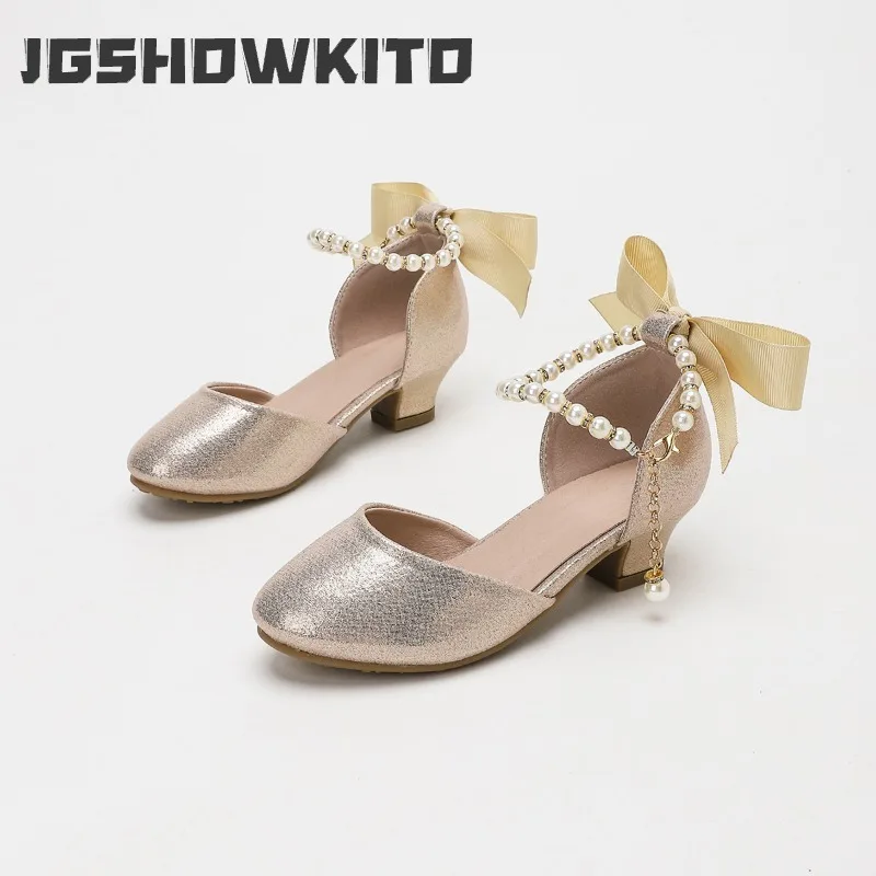 JGSHOWKITO Children Girls Low Heel Sandals Beading Bowknot Princess Dress Shoes Non-slip Elegant Kids Catwalk Mary Jane Sandals
