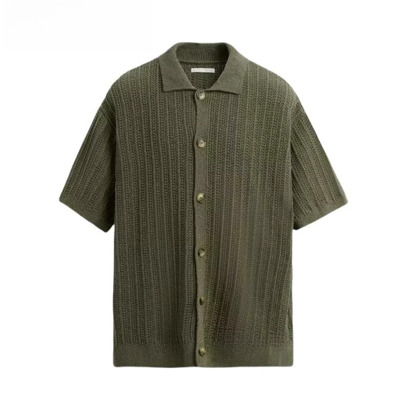 

Spring New Men's Knitted Hollow Texture Thin ort Sve irt Straight Collar Casual Loose Fit Faionable Chinese Brand