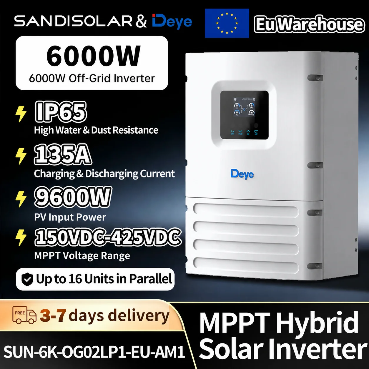 Deye 6000W Off-Grid Hybrid Solar-Wechselrichter IP65 135A 9600W PV-Eingang MPPT EU-Lager 3-7 Tage Lieferzeit