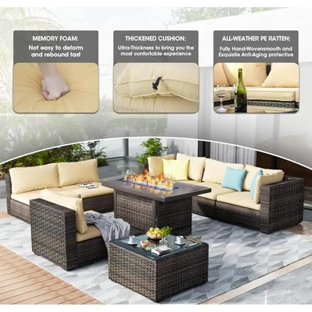 Outdoor Sectional Patio Furniture Set with Fire Pit Table PE Rattan Wicker Conversation Set High-Quality Cushions Durable