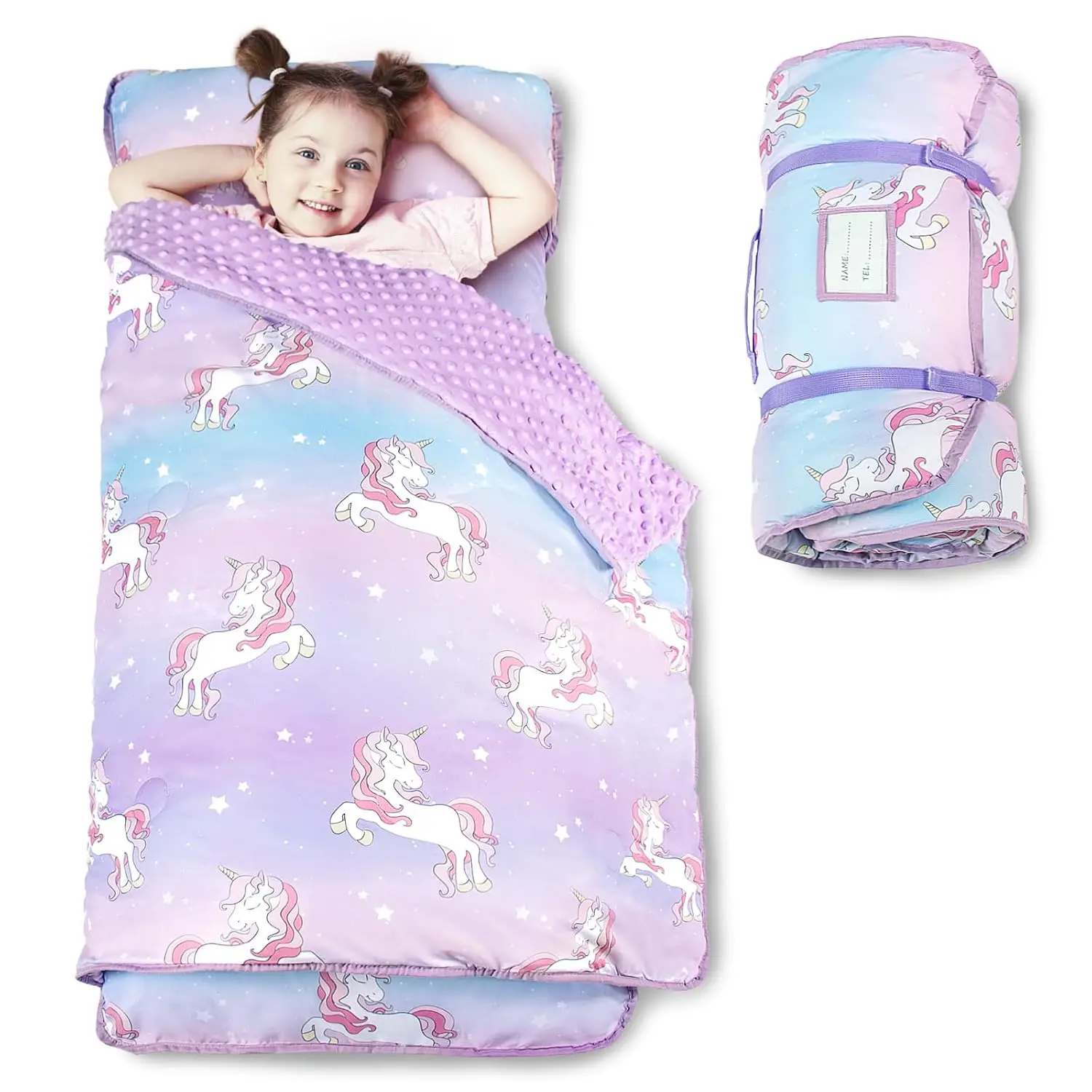 

Nap Mat, Toddler Nap Mat With Removable Cover, 55""X22"" Kids Sleeping Mat For Travel, Thi With Soft Minky Dots, Name Tag Luded