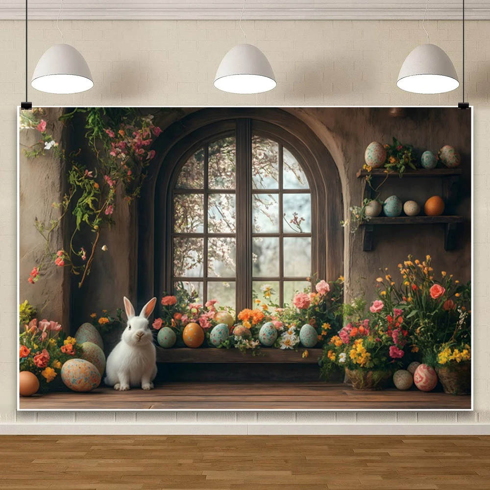 ربيع عيد الفصح حزب التصوير خلفية ملونة البيض أرنب نافذة مقوسة زهرة باقة الداخلية حزب خلفية استوديو الصور
