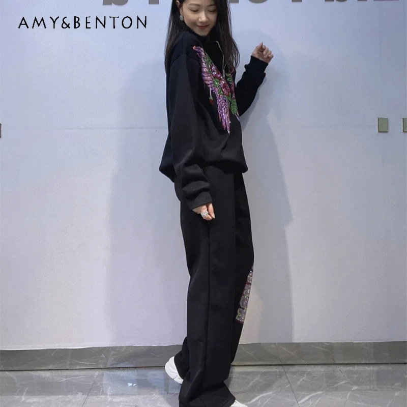 

Autumn Winter Fleece-Lined Sports Sweatshirt Suit Women's Half-zip Rhinestone Long Sleeved Loose Casual Sportswear 2-Pieces Set
