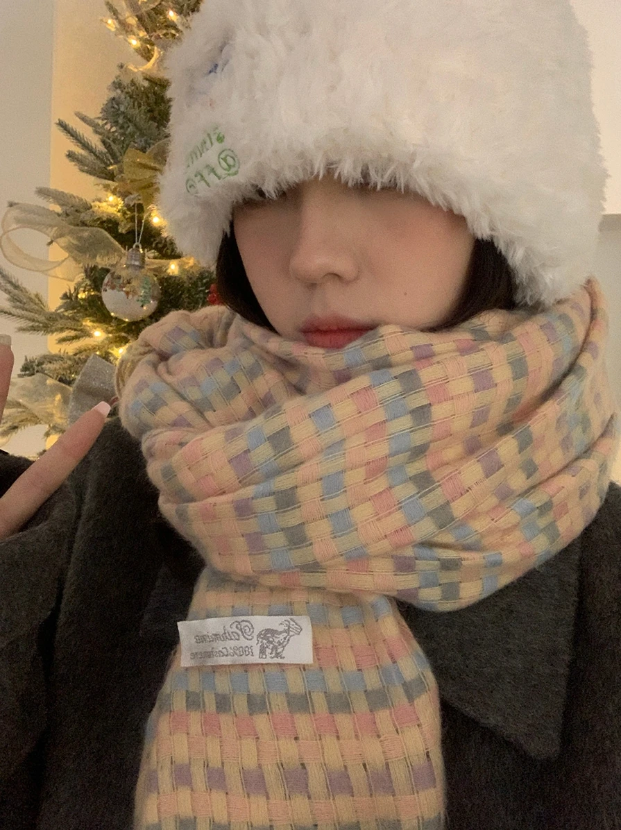 厚みのあるチェック柄スカーフ韓国風暖かい学生向けカラフル冬ファッショナブル多用途ネックウォーマーショルダーショールトレンド