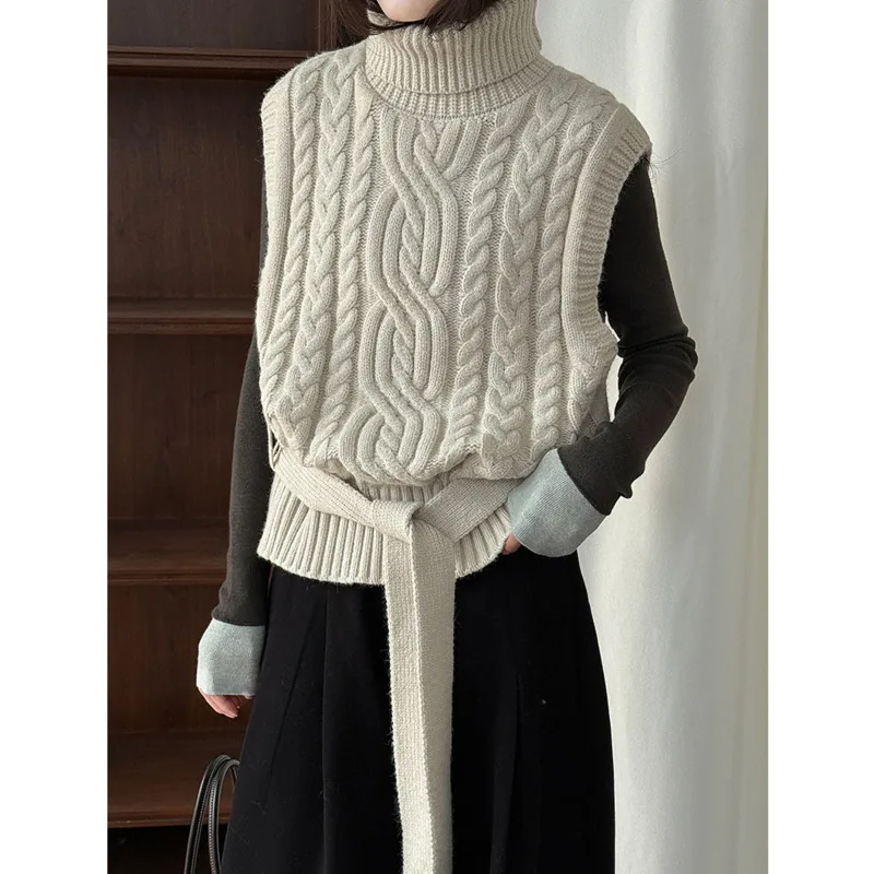 EAEOVNI بلا أكمام بلوفر مغزول سترة للنساء الياقة المدورة بلون حزام تجمع الخصر القمم ملابس الشتاء غير رسمية الجديدة #4