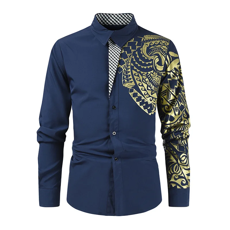 Black Long-sleeved Shirt, Men\'s Gold Printed Shirts, Fashion Casual Tops Red White Blue Camisa Men Chemise S M L XL XXL XXXL