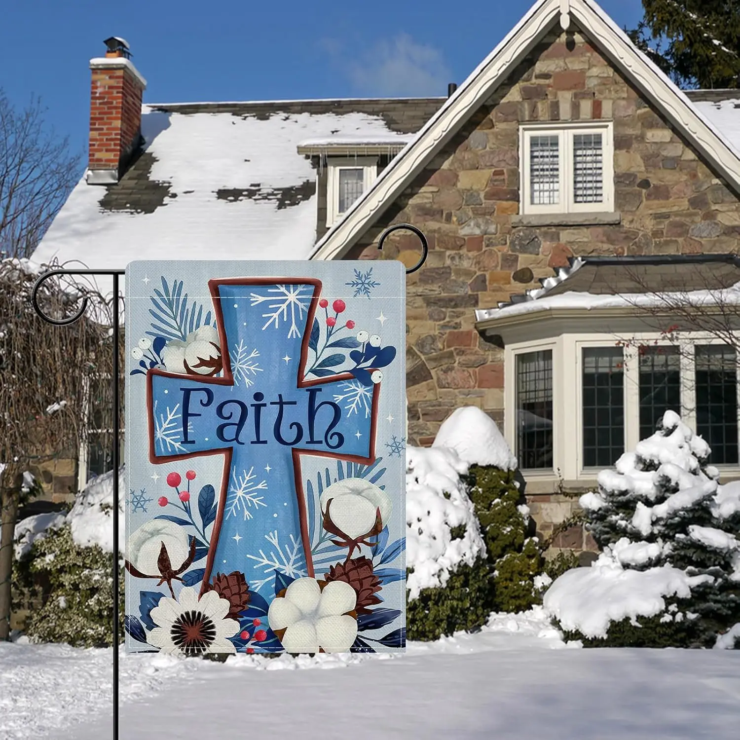 Dyrenson Christian Winter Faith Cross Decorative Garden Flag, Religious Cotton Flower Blue Yard Outside Home Decorations, Ch SSL