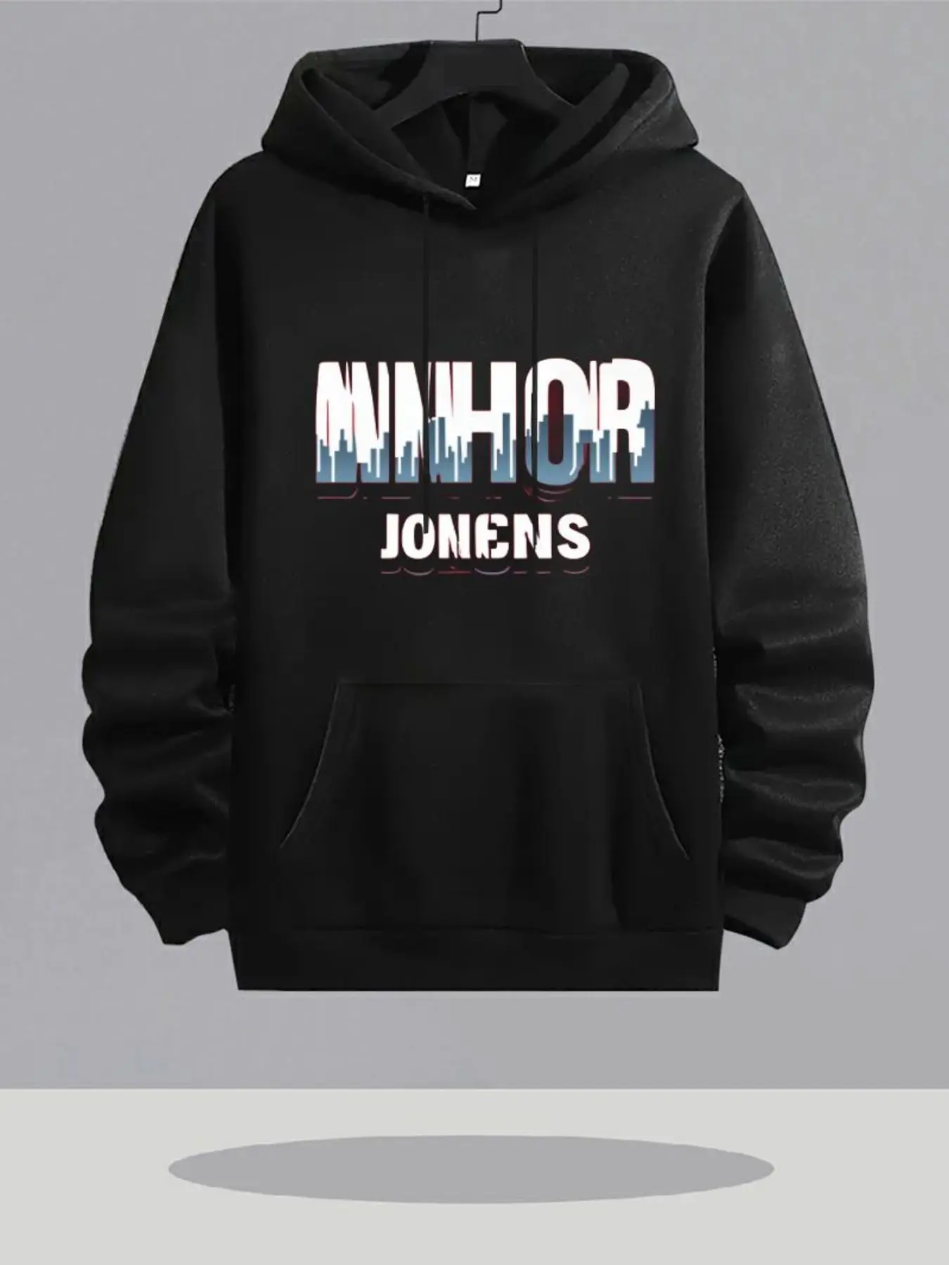 Black Hoodie Featuring Urban Streetwear Style, Equipped with a Front Pocket And Hood - 'MAJOR' in a Multicolored Gradient of Blu