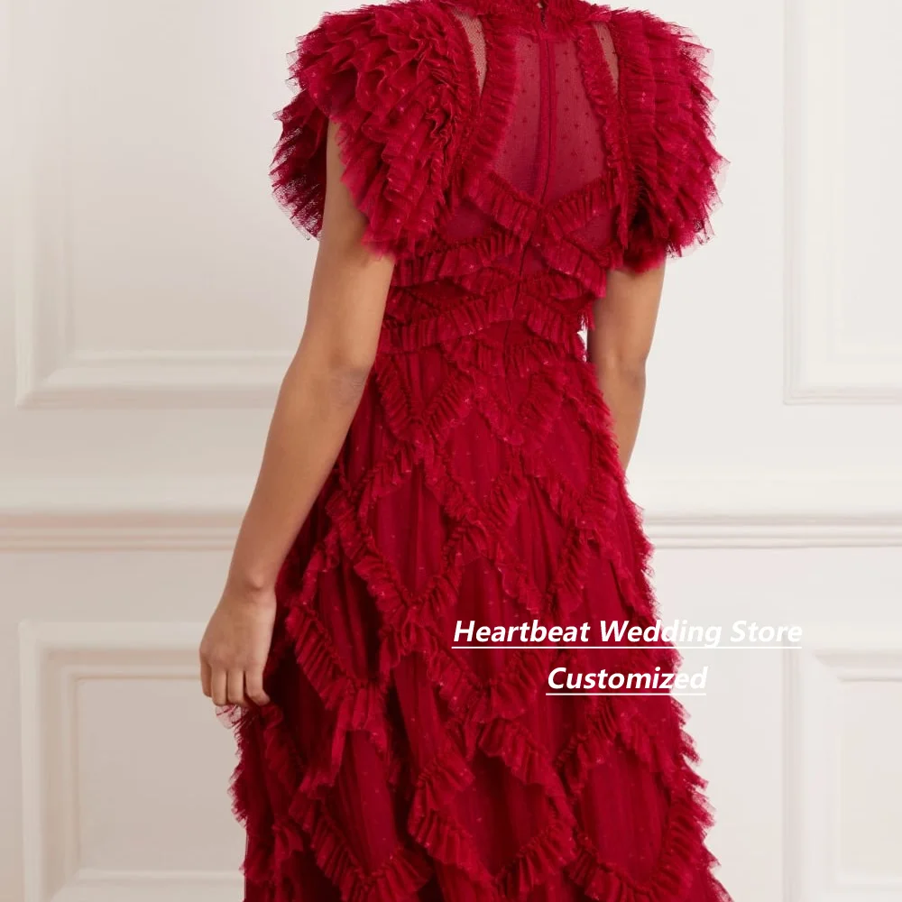 Customized Red High Neck Ruffle Mother Of The Bride Gown Short Sleeve Glitter Tulle Tiered A Line Floor Length Evening Dress