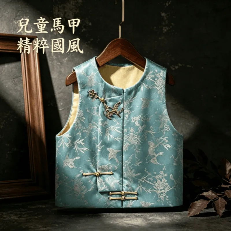 New Children's Chinese Vest Set Fashion New Boys' and Girls' Plate Buckle Vest+Shirt+Shorts 3-Piece Set