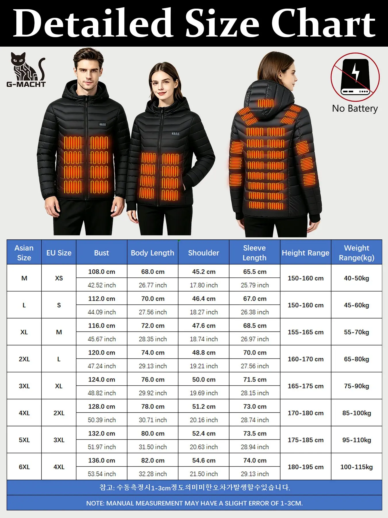 G-MACHT Unisex USB 38-Zonen Beheizte Kapuzenjacke, 4-Schalter-Steuerung, Langarm-Winterjacke für Camping, Wandern, Skifahren – Detail 2