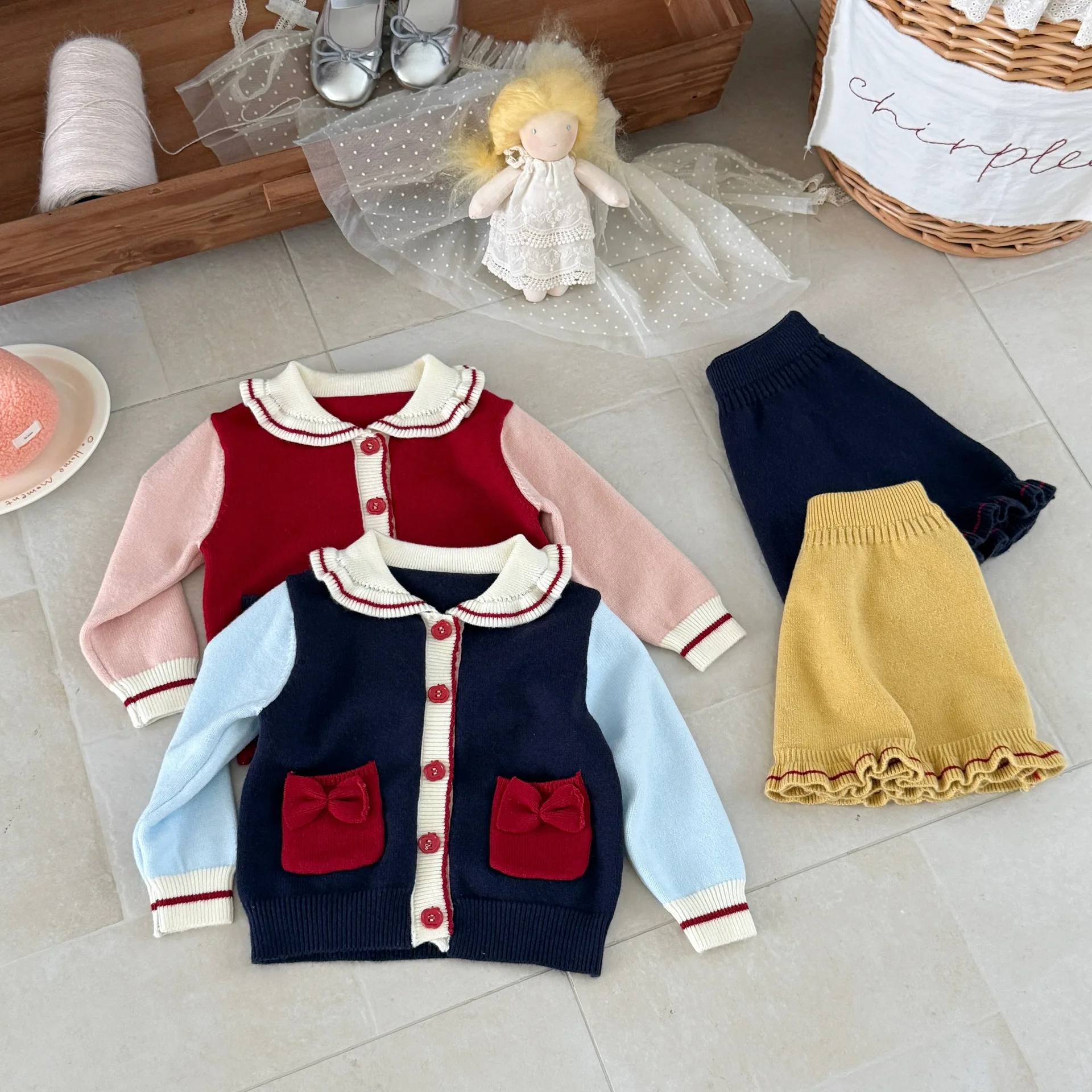 Girls Suit 2026 Autumn-winter New Style Childrens Clothing Girls' Baby School-style Multi-color Bow Tie Sweater and Skirt Set