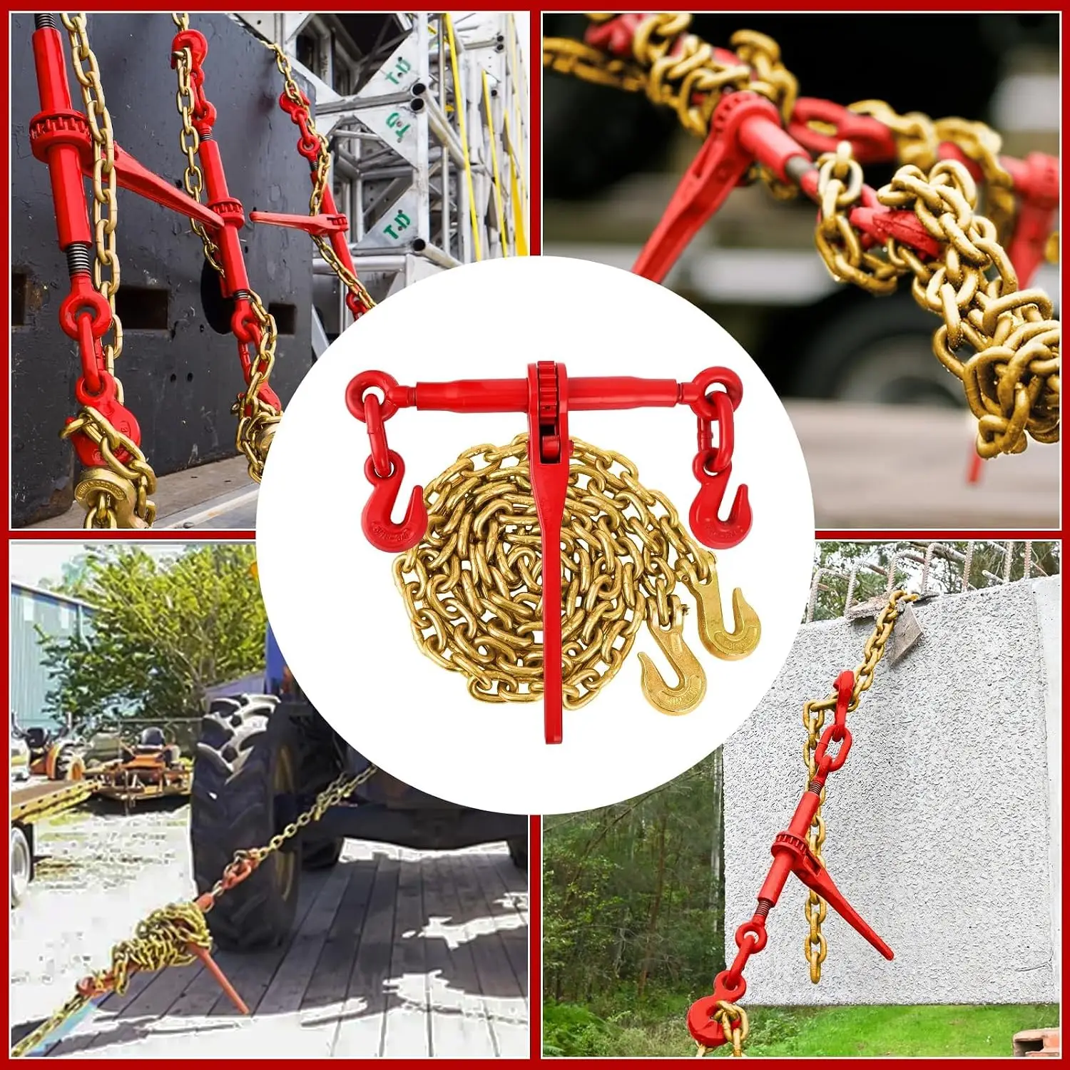 Chain Binder Kit 2 Binders, 3 8-1 2inchX10FT/5 16-3 8inchX10FT Chains Ratchet Tension Adjustment, 24–31 in Hook Span, Truck and Trailer Cargo Securement, Farm and Construction Equipment Transport