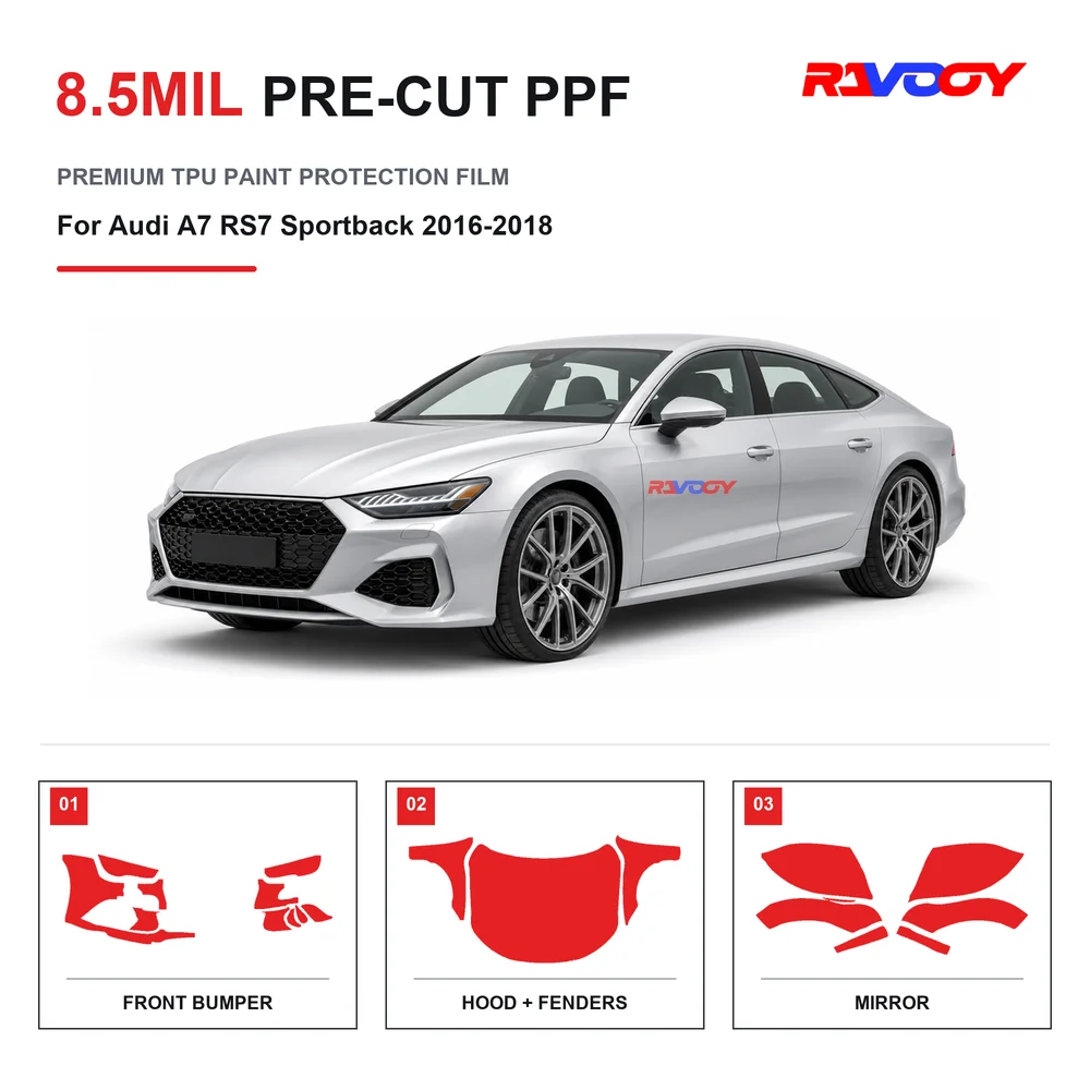 Film de protection de peinture transparent en TPU 8,5 mil, auto-réparant, hydrophobe, anti-éclats, pré-découpé pour Audi A7 RS7 Sportback 2016-2018