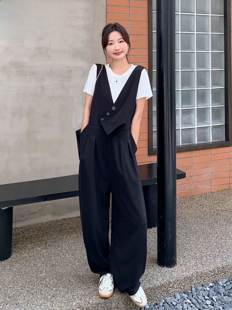 

Ele Women's Summer New Sle Slimming High Waist Overalls Suit Set Trendy Long Pants Straight Leg Regular Thin