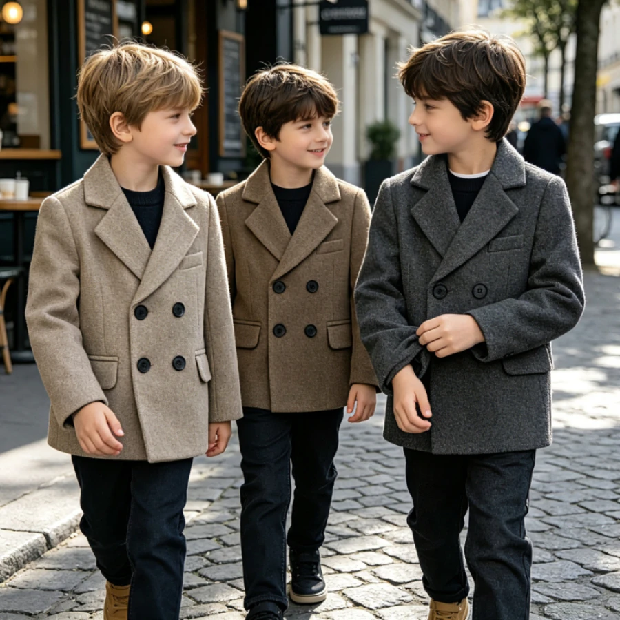 Boys Wool Overcoat Double Breasted Notched Collar Coat Kids Christmas Holiday Communion Birthday Winter Formal Outer Jacket 8 Y