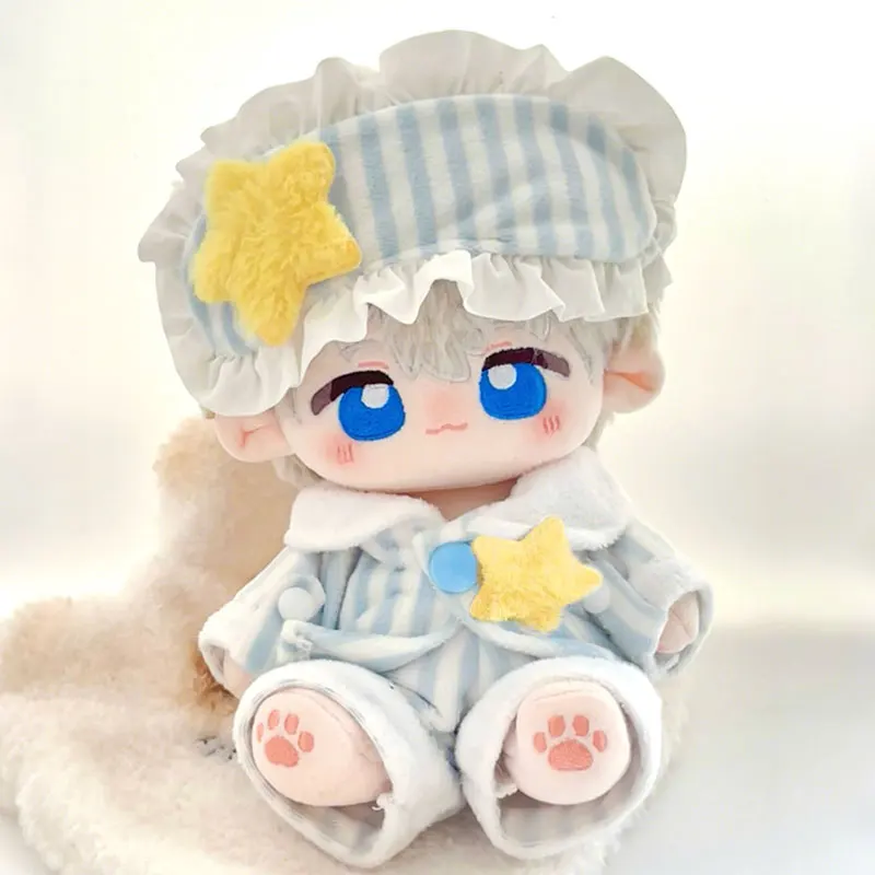 

20cm Plush Doll Clothes Fashion Cute Blue White Star Eye Mask Brooch Comfort Button Top T-shirt Casual Pants Pajamas Set Toy