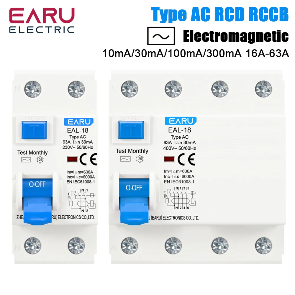 EARU 10/30/100/300mA Type AC RCCB RCD ELCB Electromagnetic Residual Current Circuit Breaker Differential Breaker Safety Switches