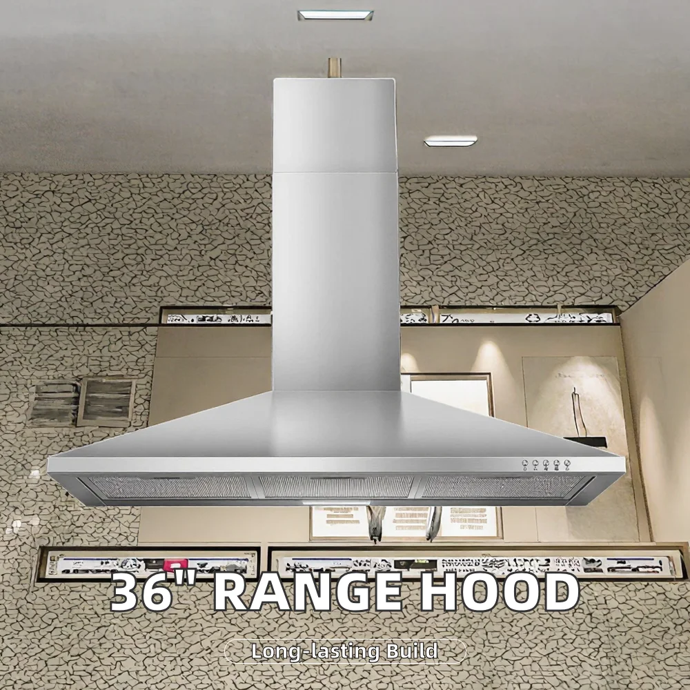 450 CFM Wall Mount Range Hood 36-Inch Stainless Steel Kitchen Vent Hood 3-Speed Electric Exhaust Fan LED Light Push Button