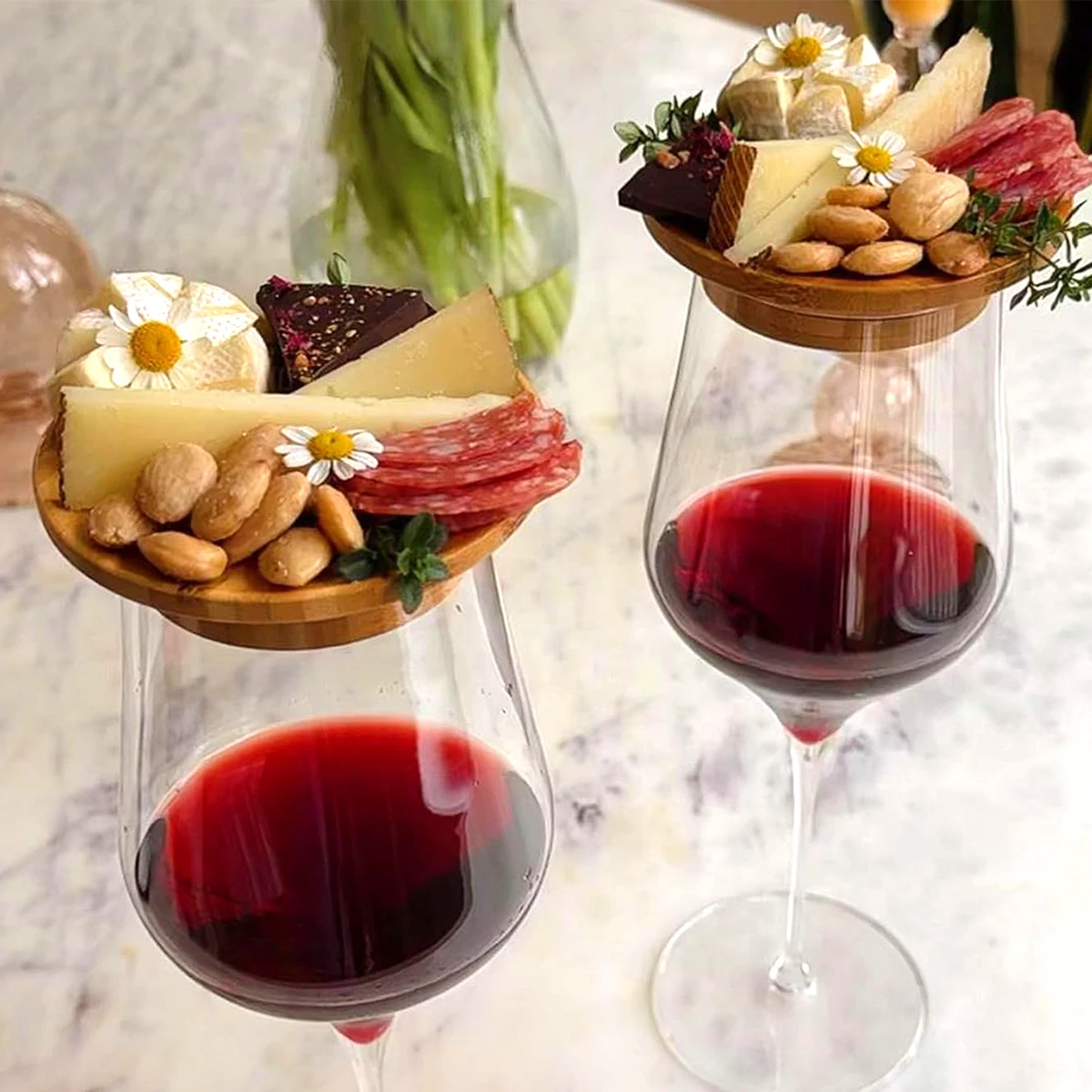 

2Pcs Bamboo Wine Glass Topper Coasters Plate Wine Glass Charcuterie Board Topper For Family Gatherings Restaurants Bars