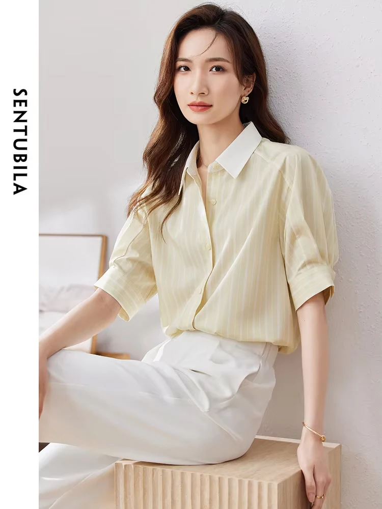 SENTUBILA Women\'s Striped Button Down Shirt 2024 Summer Lantern Short Sleeve Turn-Down Collar Blouse Office Lady Tops 132C48489