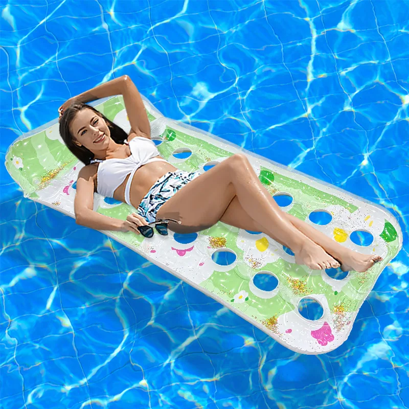 ที่นอนเป่าลมลายการ์ตูนดอกทานตะวันสำหรับฤดูร้อน  แบบหนาพิเศษ  วัสดุ PVC  รูเดียว  ประดับกลิตเตอร์  นุ่มสบาย  สำหรับพักผ่อนในสระ
