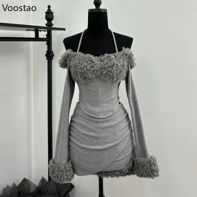 

Sweet Sexy Irregular 2 Piece Set Women Chic Plush Patchwork Slim Tops Mini Skirt Suit Korean Y2k Aesthetic Lolita Style Outifits