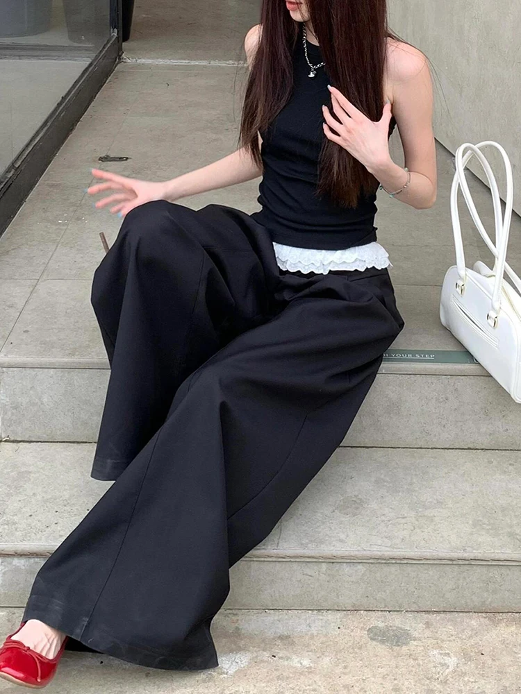 PBAP مكشكش الدانتيل مطوي السراويل واسعة غير رسمية النساء منخفضة الخصر التباين المرقعة ثنيات صالة البدلة بنطلون ملابس الصيف الرجعية #2