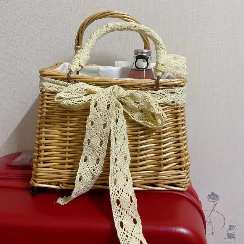 

Летняя простая квадратная сумка 2026 года с бантом из лент, плетеная из ротанга, женская сумка для путешествий, отпуска, пляжа, Sac A Main Femme