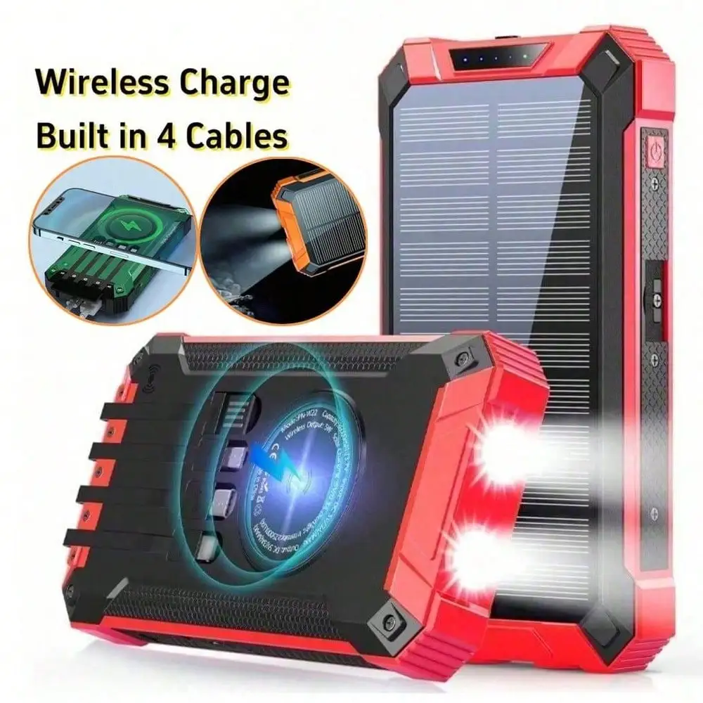 

Power Bank Solar Charger 30000mAh Fast Charging With 4 Built-In Cables LED Flashlight External Battery Pack Compatible With All Mobile Phones(3*10000mAh)