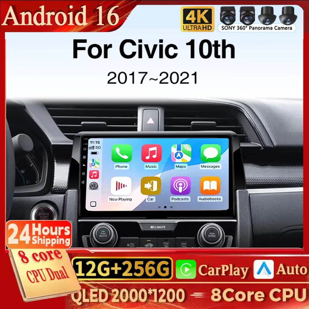 Android 16 Carplay For Honda Civic 10th 2015 2016 2017 2018 2019 2020 2021 Car Radio Multimedia Video Player Navigation GPS Head