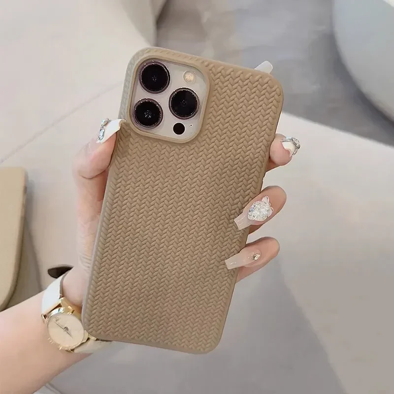 Shockproof woven pattern liquid silicone case for iPhone 11 12 13 14 15 Pro Max Plus full camera protection soft phone cover