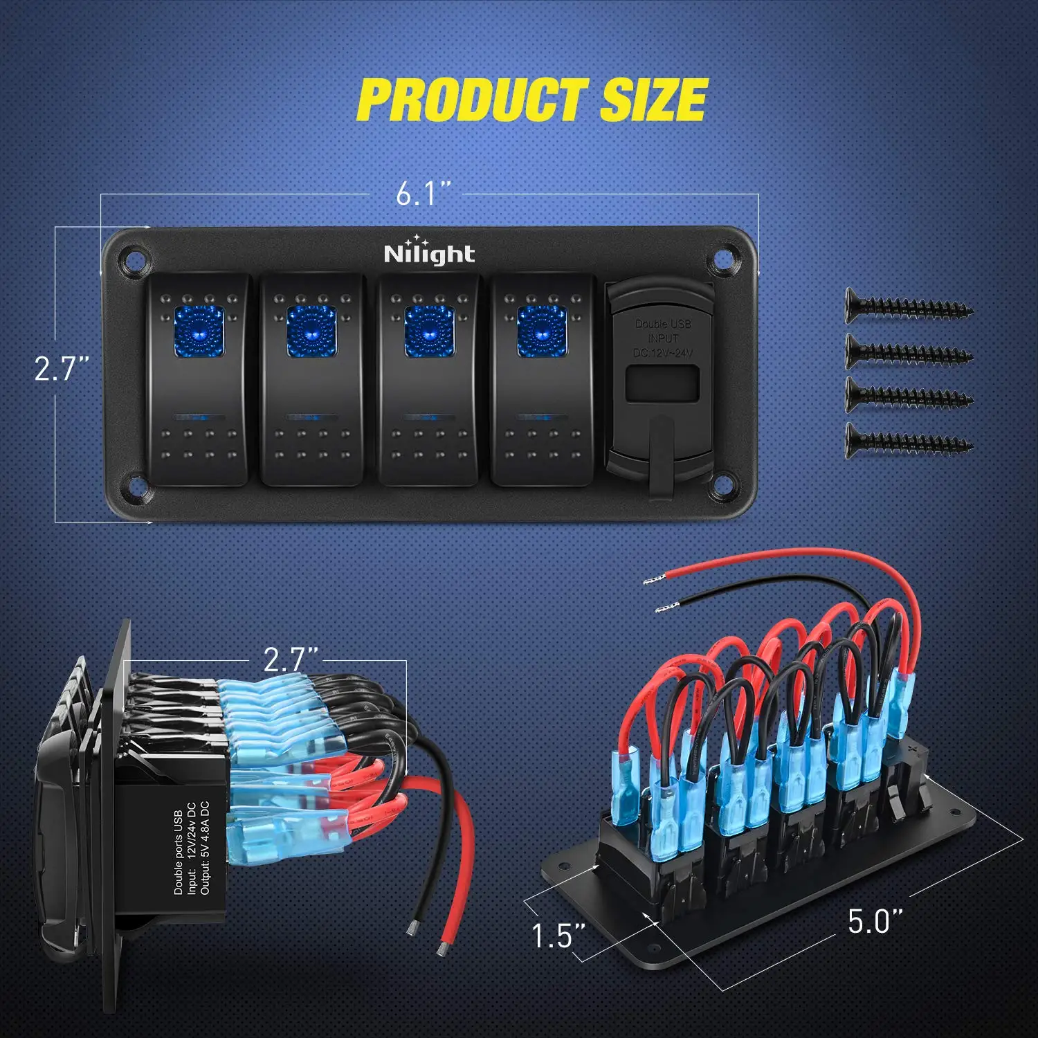 Nilight 4 Gang Rocker Switch Panel with 4.8 Amp Dual USB Charger Voltmeter Waterproof 12V 24V DC Night Glow Stickers for Car Trucks Boats RVs
