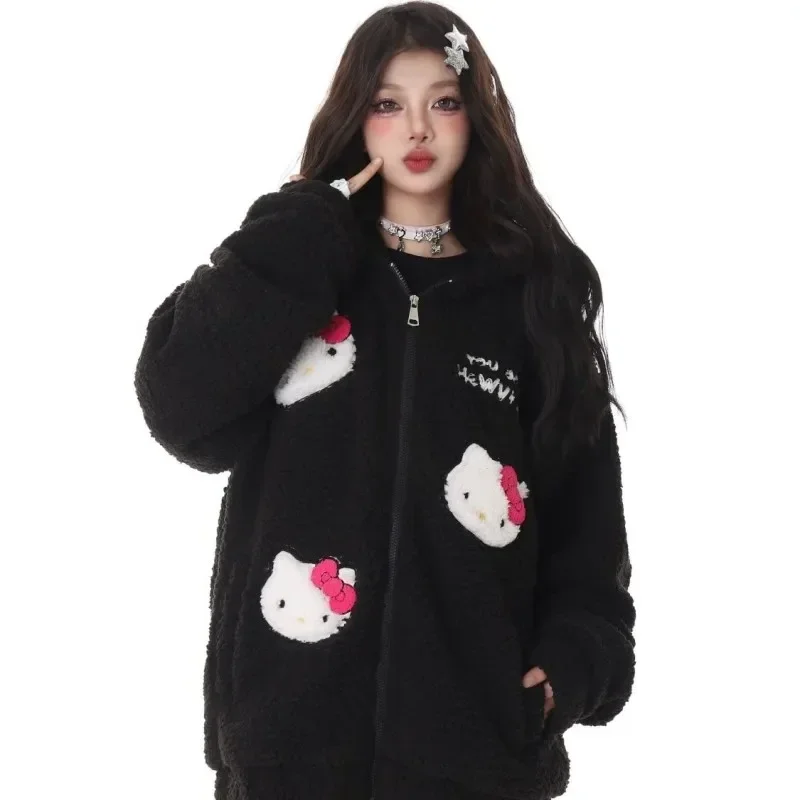 Anime Sanrios Hellokittys Kawaii Women Lambswool Jacket Cartoon Winter Warm Outdoor Cotton Coat Fashion Print Girl Outerwear Y2K