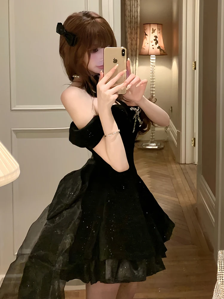 RORIRI بريق الماس القوس منتفخ فستان قصير المرأة خارج الكتف خمر الأسود المخملية سليم فستان الأميرة عيد ميلاد ملابس للحفلات