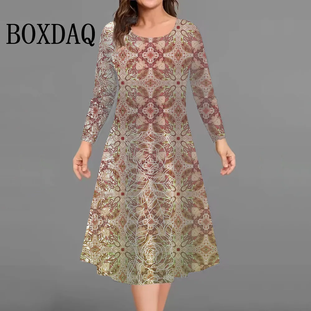 New Fashion Elegant Women Dresses Autumn Winter Long Sleeve Loose Casual Flowers 3D Printed Dress Plus Size Women's Clothing 9XL